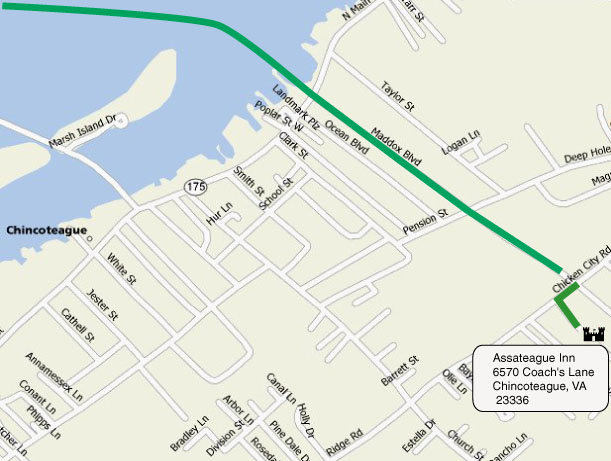 Image of the route on Chincoteague Island to Assateague Inn